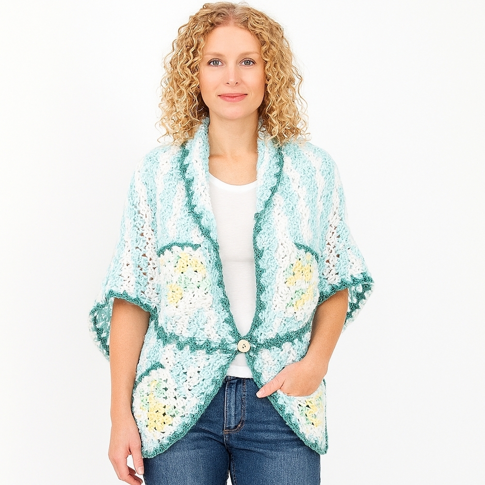 Hand Crafted Crochet Granny Square Cardigan Green